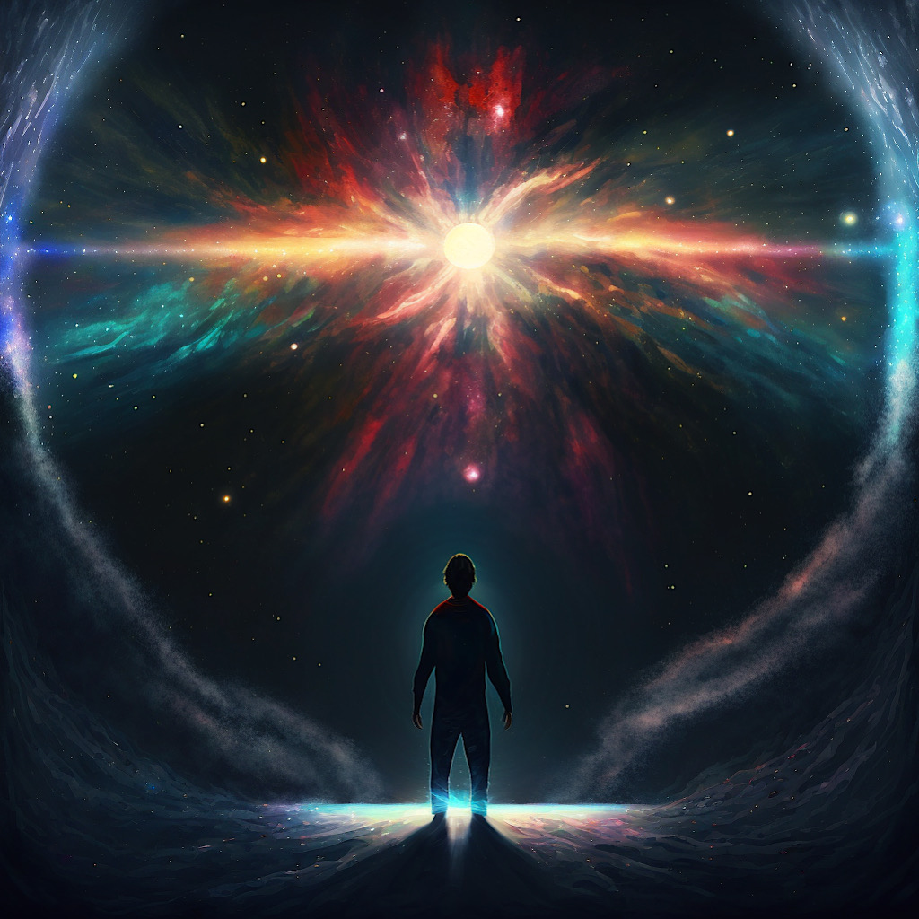 man connected to cosmos art